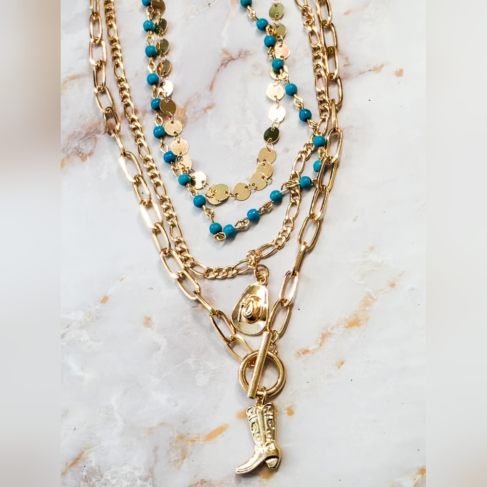 Gold Western Layered Necklace Set Cowboy Boot & Hat Charms Turquoise Beads - Picture 7 of 10